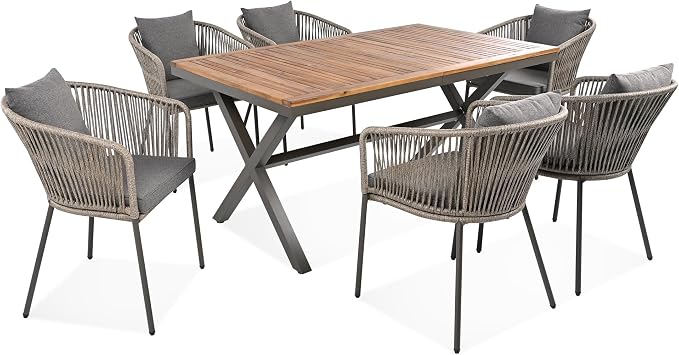 7 Pieces Patio Dining Set, All-Weather Outdoor Furniture Set with Dining Table and Chairs, Acacia Wood Tabletop, Metal Frame, for for Garden, Backyard, Balcony, Grey