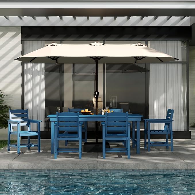 7-Piece Outdoor Dining Set with 15FT Umbrella for 6,Navy Blue | 75.2'' HDPE table, chairs included, weather-resistant furniture with hole, ideal for lawn, poolside, yard, garden, deck