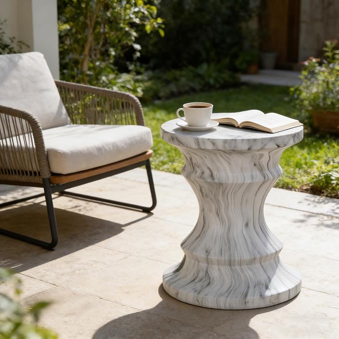 Stone Side Table,Round Faux Marble Side Table,Modern Small Stone End Table for Balcony (White-15.35"-5)