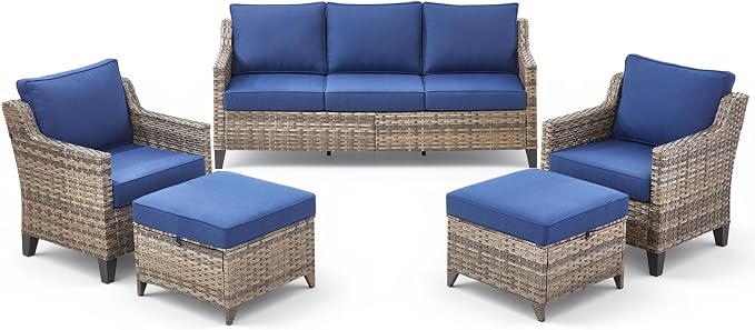 5 Pieces Wicker Patio Furniture Set-High Back Outdoor Wicker Couch Patio Chairs Set of 2 with Comfy Cushions Ottomans Patio Furniture Set for Backyard Porch Garden Deck Grey/Blue