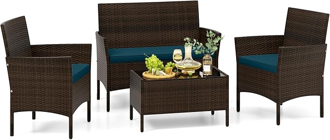 ORALNER 4 Pieces Patio Furniture Set, Rattan Chairs Loveseat with Soft Cushion and Glass Table, Outdoor Wicker Conversation Set for Balcony Garden Backyard Porch Poolside (Peacock Blue)