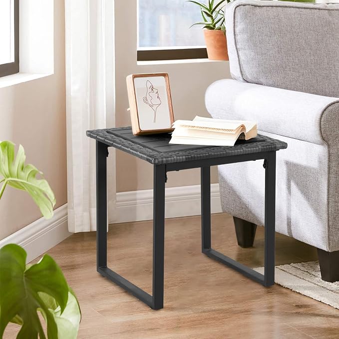 Wicker Outdoor Side Table for Patio, All Weather Small Square Rattan Outdoor End Table, Wicker Table for Outside Porch Balcony Lawn Garden Bistro, Black