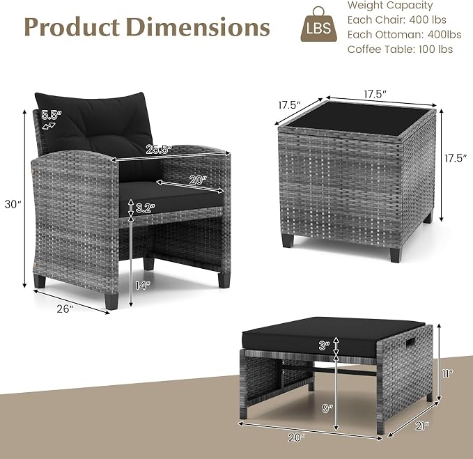 HAPPYGRILL 5-Piece Outdoor PE Rattan Conversation Set, Wicker Patio Furniture Set with Cushion, Ottoman & Coffee Table for Backyard Garden Poolside Lawn Deck Porch (Mix Grey & Black)