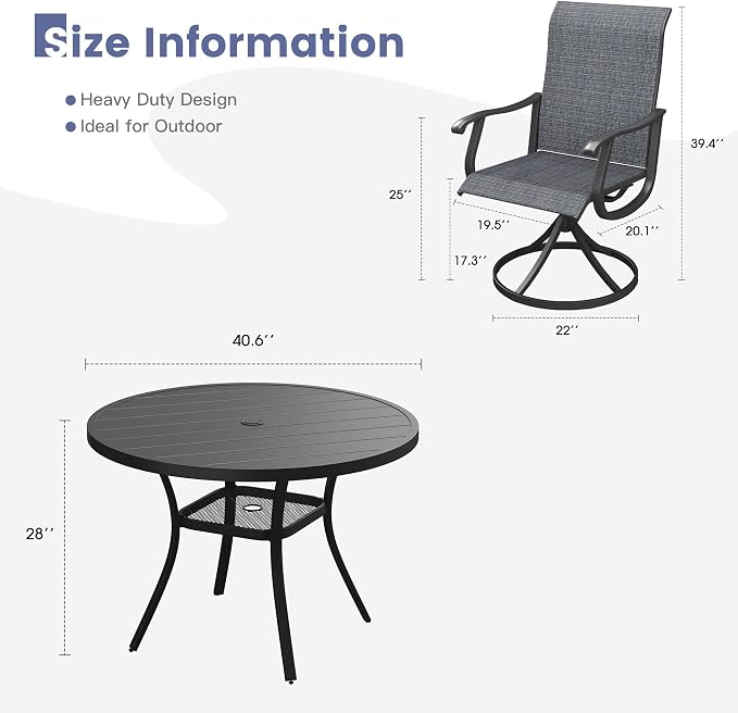 VICLLAX Outdoor Dining Set for 4, Patio Furniture Set of 4 Patio Swivel Dining Chairs and 41" Patio Round Table with Storage Shelf, Dark Charcoal Chairs & Black Tabletop