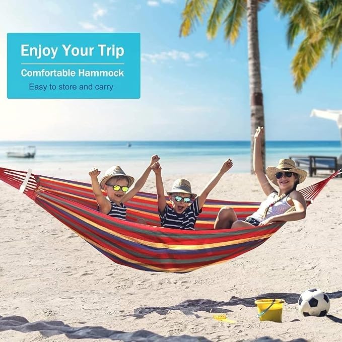 Outdoor Hammock Portable Garden Hammock Sports Home Travel Camping Swing Canvas Stripe Hang Bed Hammock Double Single People (260x150 Blue)