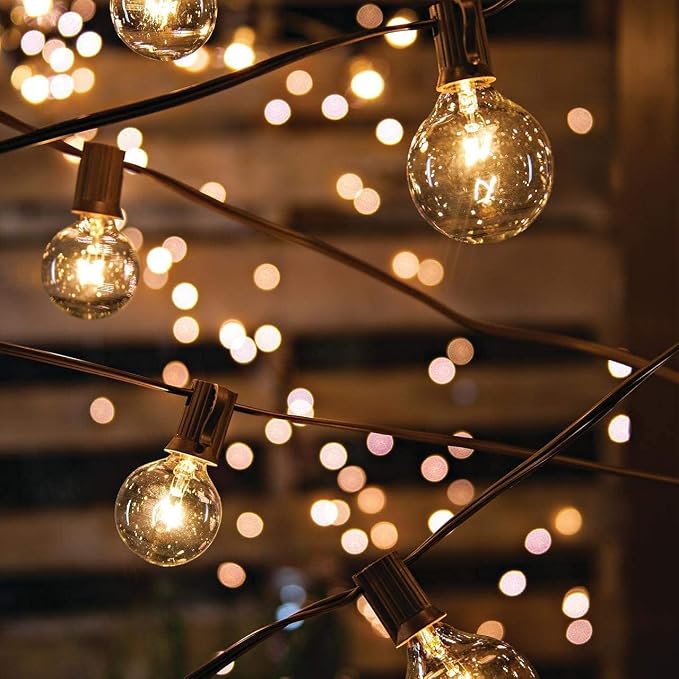 Abeja 25Ft Outdoor Patio String Lights with 27 Clear G40 Bulbs, UL Listed for Porch Bars Deck Wedding Party Markets Decor, 5W, E12 Socket Base, Brown