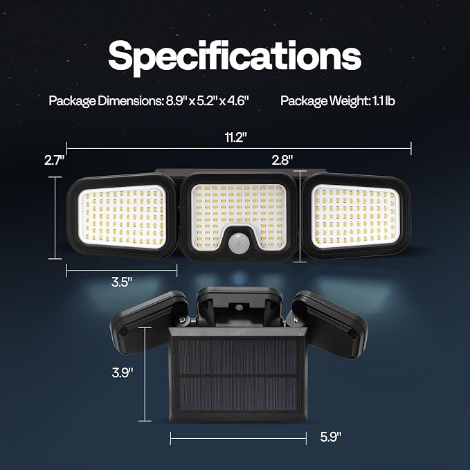 VIVOHOME Solar Flood Lights Outdoor, 256 LED Motion Sensor Lights | 2500LM, 3 Adjustable Heads Security Lights, IP65 Waterproof, 270° Wide Lighting Angle Solar Powered Lights for Porch, Yard