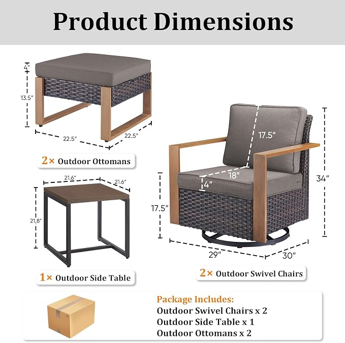 5PCS Swivel Patio Furniture Set, Outdoor Wicker Sofa and Swivel Rocker Chairs, All-Weather Conversation Set for Backyard, Deck and Poolside Grey