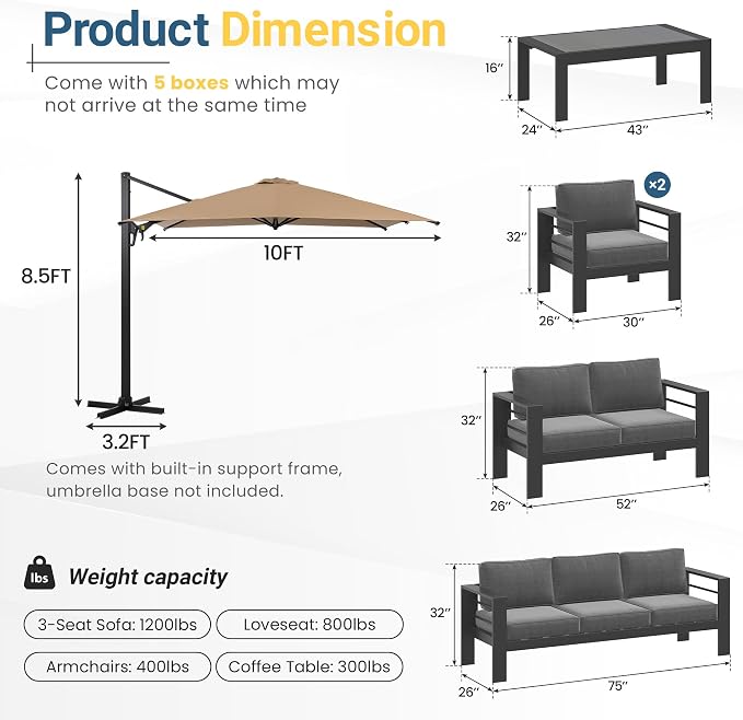 Wisteria Lane 6 Pieces Aluminum Patio Furniture Set with Umbrella, All Weather Oversized Outdoor Furniture Set with Deep Seat and Back Cushion, Patio Conversation Sets with Wide armrest, Gray & Kahki