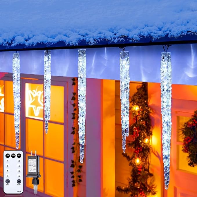 Brightown Icicle Lights Outdoor with Remote, 2 Pack Total 40ft 40 Tubes 200 LED Ice Shape String Lights, Connectable Hanging Christmas Decoration Lights for Tree Patio Roof Holiday Decor, Cool White