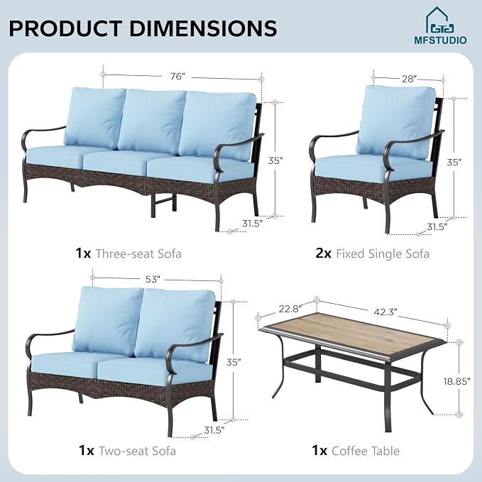 MFSTUDIO 5 PCS Outdoor Patio Furniture Set, Metal Outdoor Conversation Set, Rattan Wicker Patio Sectional Sofa Set with 2 x Fixed Single Sofa, 2-Seat and 3-Seat Sofa, 1 x Coffee Table, Blue