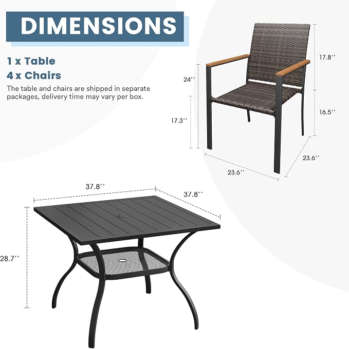 DIFY 5 Piece Patio Dining Set for 4, Wicker Stackable Patio Chairs & 37.8" Square Black Metal Dining Table with Umbrella Hole, All Weather Outdoor Table and Chairs Set for Deck Garden Backyard
