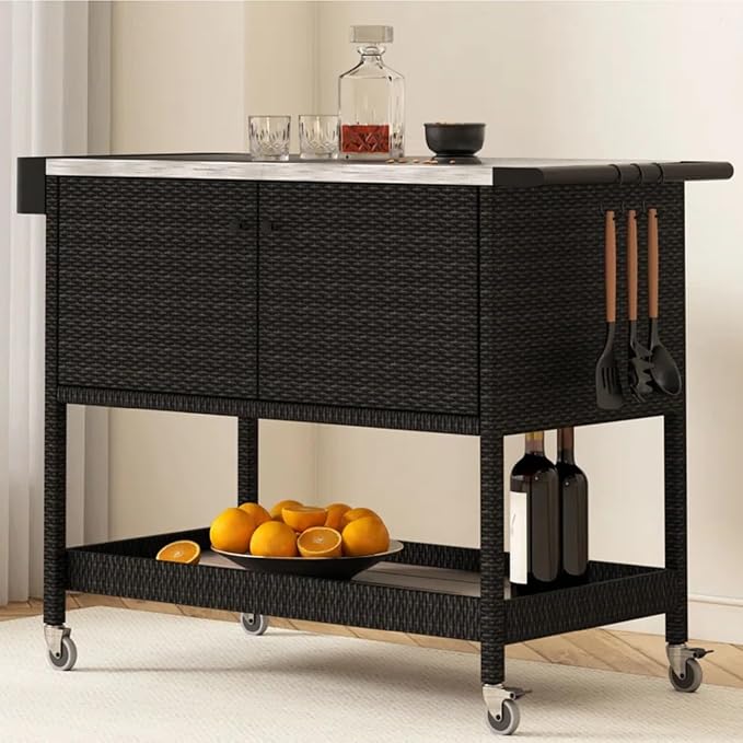 Grand patio Outdoor Bar Cart, Rolling Wicker Bar Cart w/Storage Cabinet, Outdoor Bar Table w/Wheels, Patio Kitchen Island Grill Cart w/Countertop, Brown