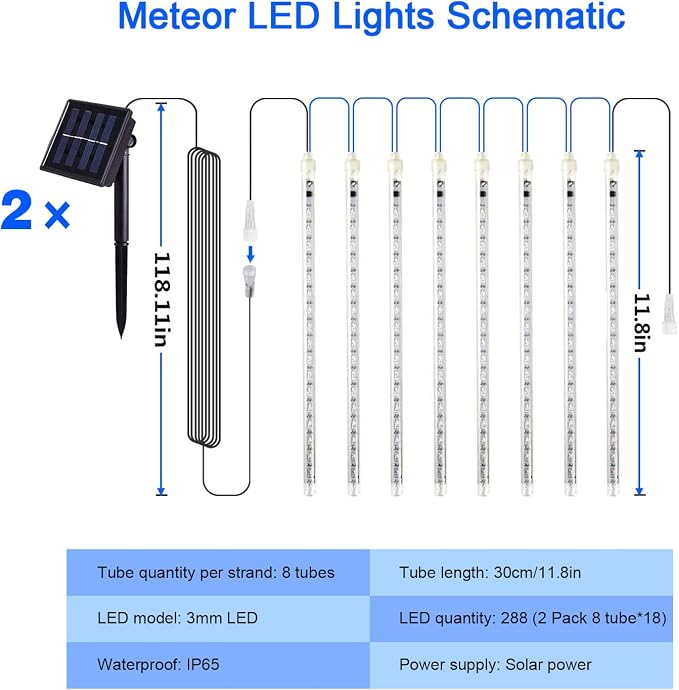 JMEXSUSS 2 Pack Solar Christmas Meteor Shower Lights, 16 Tube 288 LED | White Solar Christmas String Lights Outdoor Waterproof for Tree Patio Garden Wedding Party Decorations