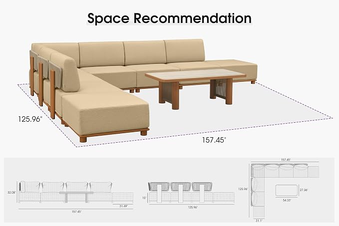 PURPLE LEAF Patio Furniture Set L-Shaped Outdoor Sectional Sofa with 11" Thick Cushion 9-Piece Outdoor Conversation Set with Ottomans and Coffee Lights for Backyard Poolside Table Included, Beige