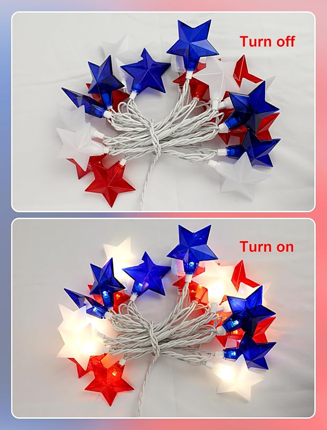 12Ft 4th of July String Lights, 20L LED Red White and Blue Star Lights | Plug in for Patriotic Home Porch Mantel Classroom Backyard Tree Decor, Independence Day Decorations, Indoor and Outdoor Use