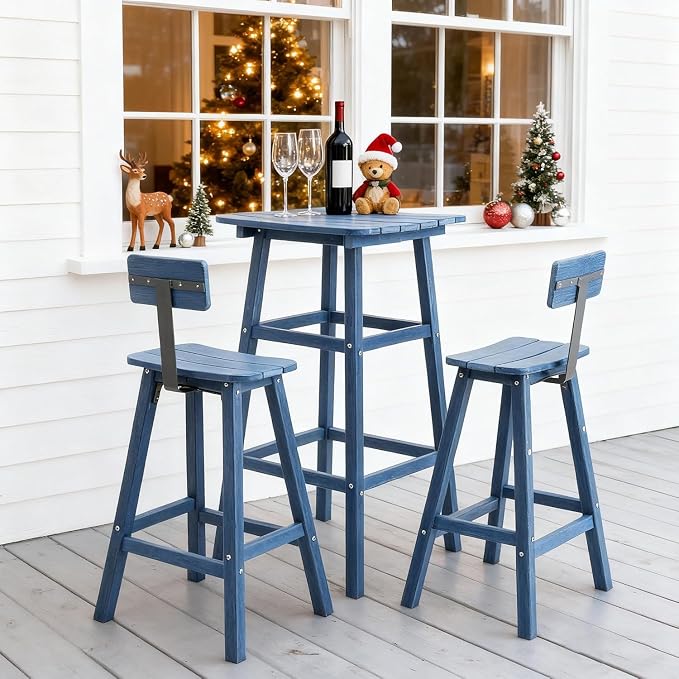 Bar Height Chairs Set of 2, HDPE Bar Height Outdoor Chairs, Weather Resistance Tall Adirondack Chairs Set of 2, Cafes, Swimming Areas, Patio, Garden and Kitchen Island, Navy Blue