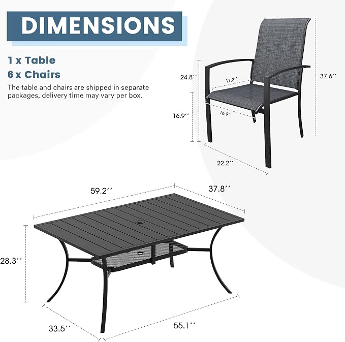 DIFY 7 Pieces Outdoor Dining Set, Metal Patio Table and Chairs Set for 6 with Umbrella Hole, 59.2" Rectangle Dining Table and Textilene Stackable Patio Chairs for Garden Backyard Poolside, Black
