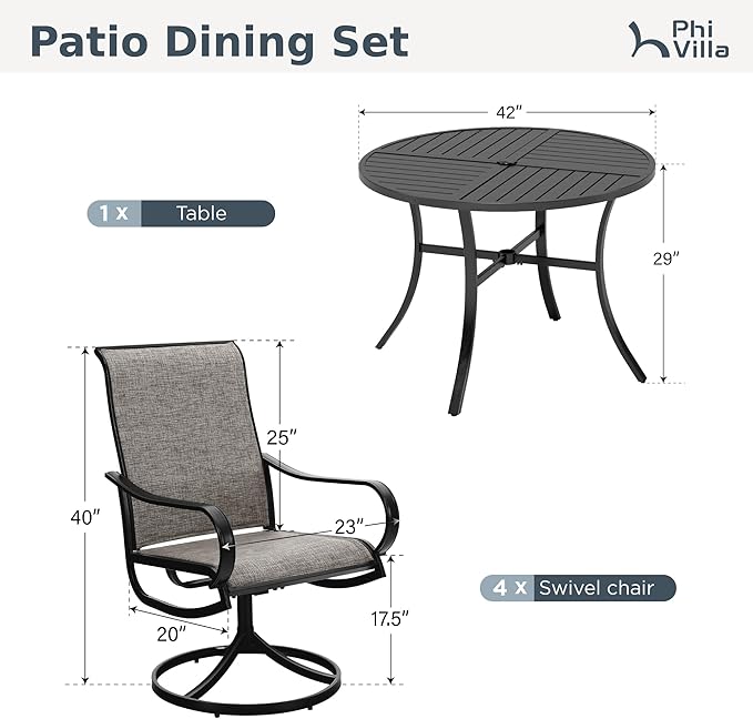 PHI VILLA Patio Dining Set for 4, Round Table & Swivel Mesh Chairs, Brown | 42'' Metal slat table with umbrella hole, E-coating metal frame & Textilene chairs, All-weather design for outdoor, deck