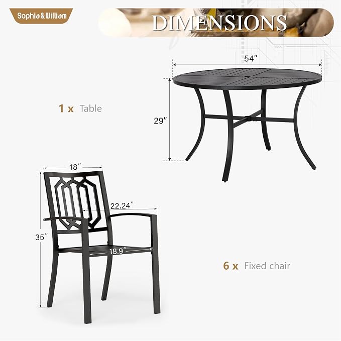Sophia & William Round Patio Table and Chairs Set, Outdoor Dining Set for 6 | 7 Piece Metal Patio Furniture, 54" Black Table,For Patio, Garden and Yard