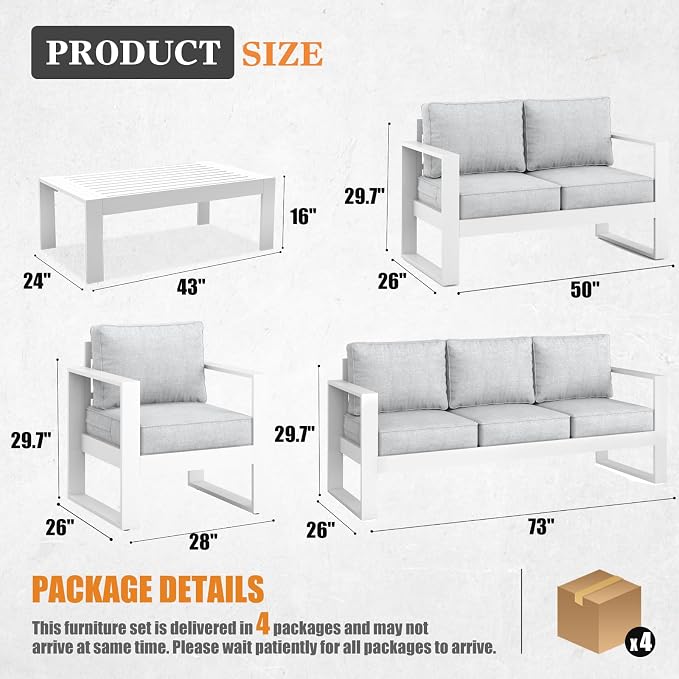 Outdoor Aluminum Furniture Set - 5 Pieces Modern Patio Conversation Sets Metal Sectional Sofa with Coffee Table
