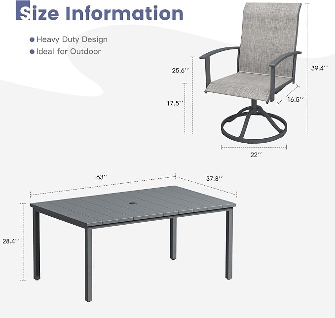 VICLLAX 7 Pieces Patio Dining Set, Patio Furniture Set of Metal Outdoor Table with Umbrella Hole and 6 Swivel Patio Chairs for Backyard Lawn, Grey & Dark Grey