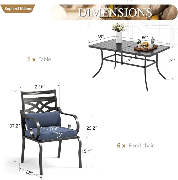 Sophia & William Patio Dining Set, Steel, Blue | Umbrella Hole, E-Coated, Cushions Included, For Patio, Garden and Yard