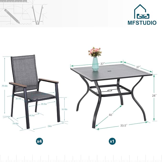 MFSTUDIO 5 PCS Patio Dining Set with 4 Stacking Aluminum Armchair(Grey) and 1 Square Heavy Duty Table, Patio Dining Table and Chairs Set, Outdoor Dining Set
