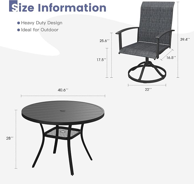 VICLLAX Outdoor Table and Chairs Set for 4, Patio Dining Set of 40.7" Metal Round Patio Table with Umbrella Hole & 4 Swivel Outdoor Dining Chairs for Backyard Lawn, Charcoal & Black