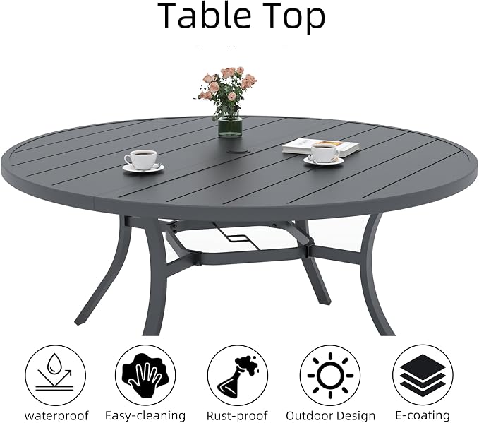 6 Person Metal Black Slat Top 54 in Large Outdoor Patio Round Dining Table | Slat Top, Frame, All Weather, 1.57-1.9 inch Adjustable Umbrella Hole, 6 or 8 Person Use, 4.5 ft Table
