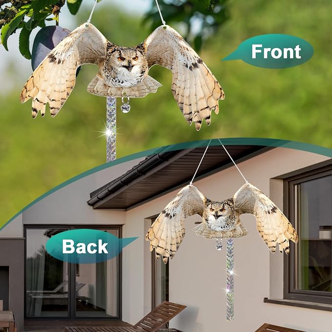 Owls to Keep Birds Away: 2Pcs Fake Owl with Reflective Tape for Garden Patio, Reflective Hanging Decoration to Keep Birds Pigeon from Windows Tree
