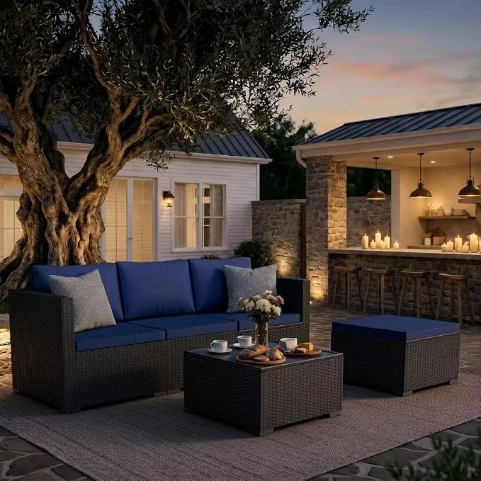 Skyfish Patio Furniture Set - Wide Armrests - All-Weather 5 Piece Outdoor Wicker Sectional Couch with Chaise Lounge,Couch Conversation Set, PE Rattan Sofa for Backyard Porch Poolside Black/Navy Blue
