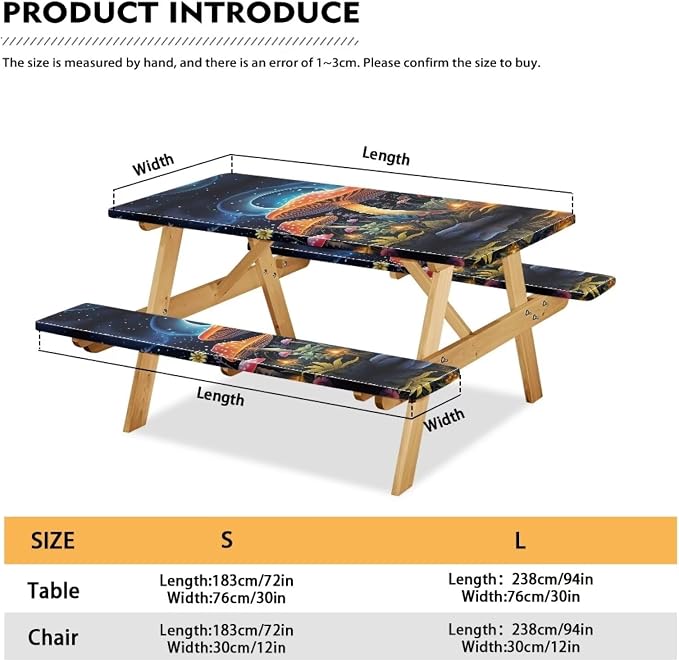 Mushroom Picnic Table Cover with Bench Covers Foldable Camping Table Covers for 6 Foot Tables 3 Pcs Picnic Table Bench Covers Camping Essentials for Camper, 94x30 Inches