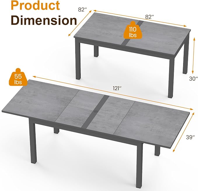 FansaFurn Aluminum Expandable Outdoor Dining Table, 62.6"-91.7" Adjustable Length Patio Dining Table for 4-10 Person, Aluminum Frame Plastic Stone Tabletop for Garden Porch Deck, Grey
