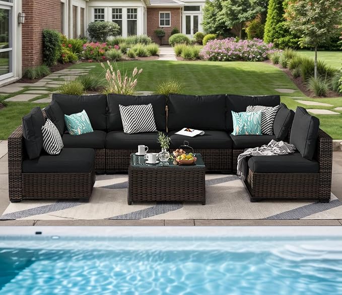11 Piece Patio Furniture Set All Weather PE Rattan Outdoor Sectional Sofa Couch with No-Slip Cushions and Glass Top Table for Garden, Poolside, Backyard (Black)