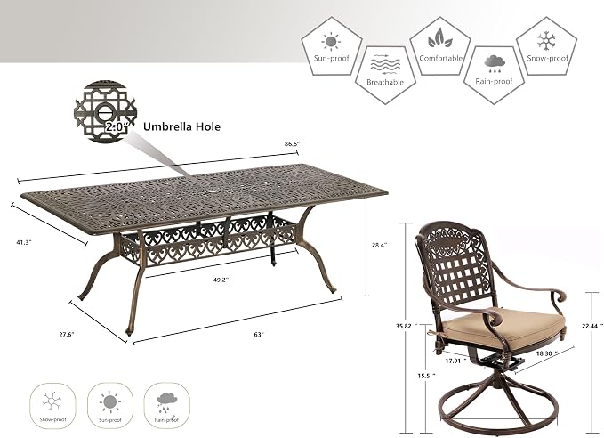 Grepatio 9 Piece Cast Aluminum Outdoor Dining Set, Patio Furniture Set with 2“ Umbrella Hole and 8 Swivel Chairs with Cushions, Patio Dining Furniture Set for Porch Poolside Garden (Khaki Grid)