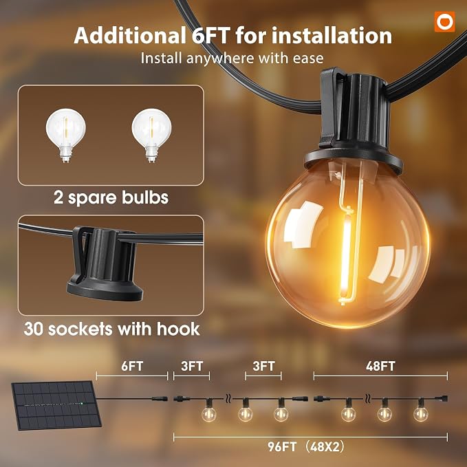 addlon 102FT Solar String Lights Outdoor, Waterproof, USB Charging | Dimmable, 3 Light Modes, Remote, 30+2 LED Bulbs, Easy Install, Ideal for Large Backyard, Garden, Wedding, Party, Camping