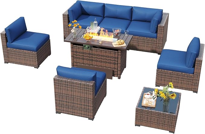 LazySunsets 8 Piece Outdoor Patio Furniture Set with 44'' Fire Pit Table, Outdoor Patio Furniture Set with 4'' Thicken Cushion, Wicker Rattan Outdoor Conversation Set for Backyard & Garden, Blue