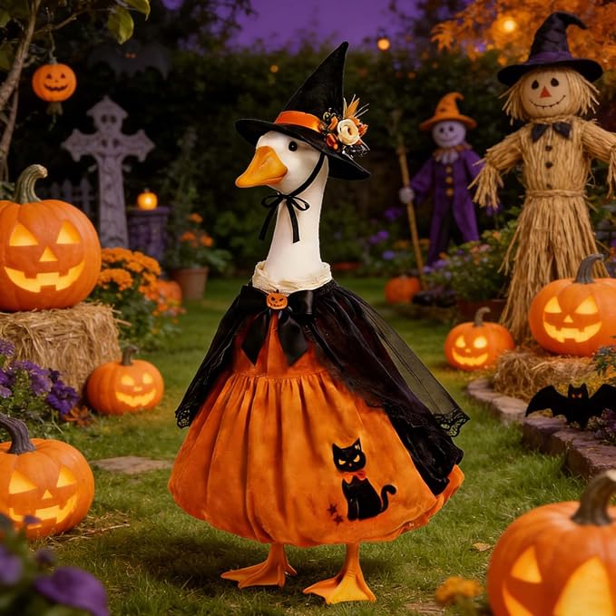 Halloween Porch Goose Outfit 23 Inch Porch Goose Clothes for Holiday | Pumpkin Dress Cape Witch Hat, Thanksgiving Goose Outfit, Christmas Goose Clothes, Holiday Costume for Lawn Geese Status