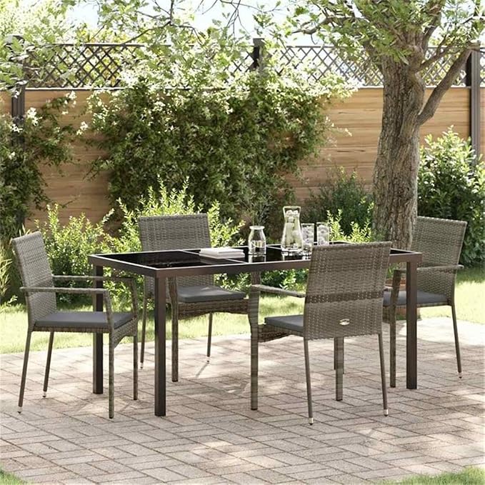 Afuera Living 5 Piece Poly Rattan Patio Dining Set with Cushions, Gray Finish, Tempered Glass Top, Weather-Resistant, Modern Outdoor Seating for Garden or Patio, Seating Capacity 4, Lightweight