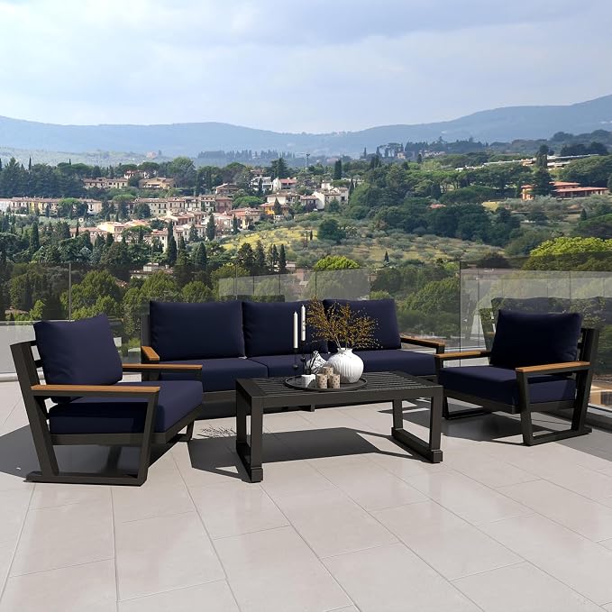 Aluminum Outdoor Patio Furniture Set with Coffee Table,4 Piece Patio Conversation Sets with Washable Thick Cushions, Outdoor Sectional Furniture Set for Porch, Balcony, Deck, Yard, Blue