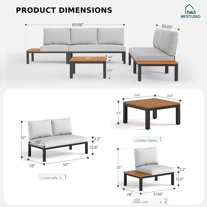 MFSTUDIO 5 Pieces Patio Furniture Set,Outdoor Metal Frame Patio Sectional Sofa Conversation Set with Coffee Table&Removable Cushion for Backyard,Garden,Poolside