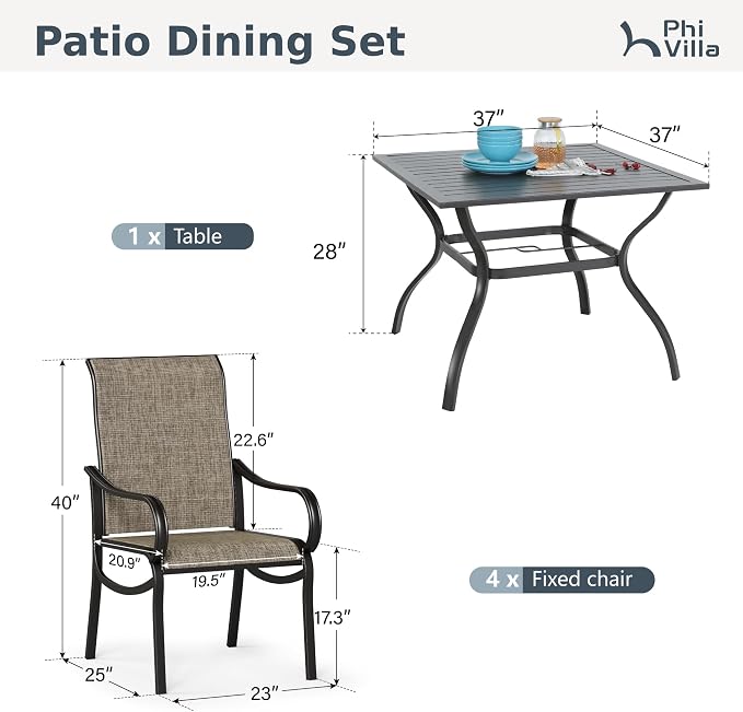 PHI VILLA 5 Pcs Patio Dining Set for 4, Mesh Patio Chairs & Square Table | 4 textilene dining chairs. 37" metal square table with umbrella hole, all weather E-coated metal frame for outdoor deck lawn