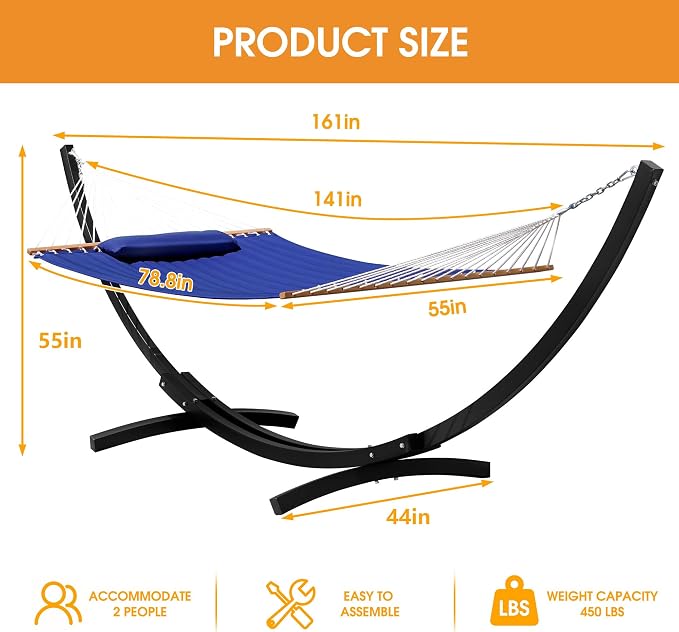 Lazy Daze Hammocks Outside Quilted Hammock with 13 FT Curved Steel Heavy Duty Stand and Pillow for Outdoor, Backyard, Patio, 450 Lbs Capacity, Blue