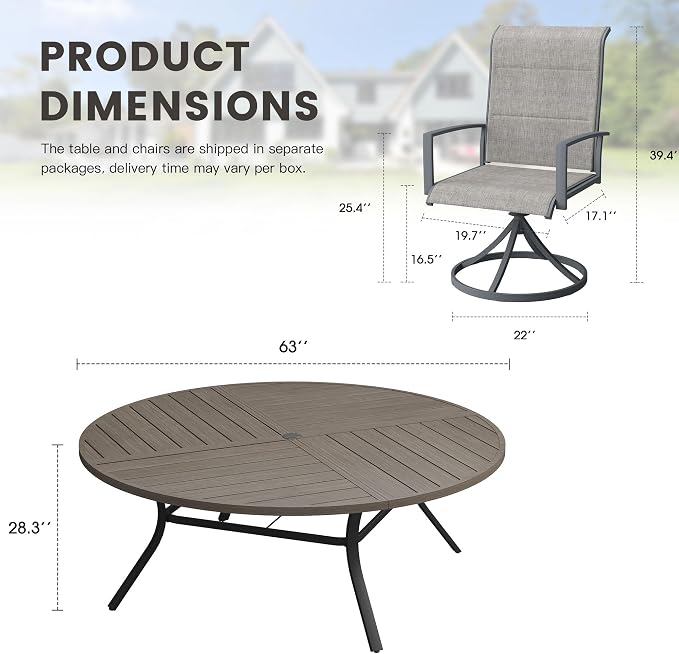 Outdoor Dining Set for 8, 63.1" Outdoor Dining Table with Umbrella Hole and Padded Textilene Patio Swivel Chairs, 9 Pieces Patio Table and Chairs Set for Garden Backyard, Grey