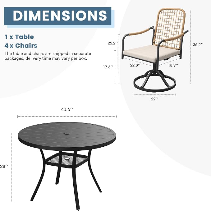 DIFY 5 Pieces Outdoor Dining Set for 4, 40.6" Round Dining Table with Umbrella Hole & Wicker Swivel Patio Chairs with Cushions, Metal Patio Table and Chairs Set for Backyard Porch Garden, Black