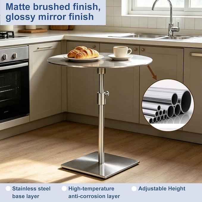 Stainless Steel Round Dining Table - Metal Breakfast Bar & Coffee Side Table for Cafes, Restaurants, Outdoor Patios - 35cm Diameter Silver Side Tables