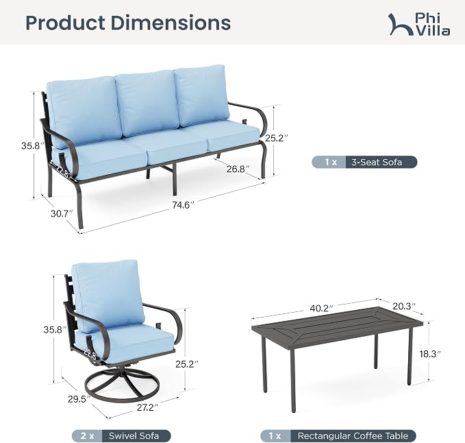 PHI VILLA Patio Furniture Set, 3-Seater Sofa, 2 Swivel Chairs and a Coffee Table, Outdoor Metal Conversation Set with 5.75" Extra Thick Cushion for Garden Backyard Deck, Blue
