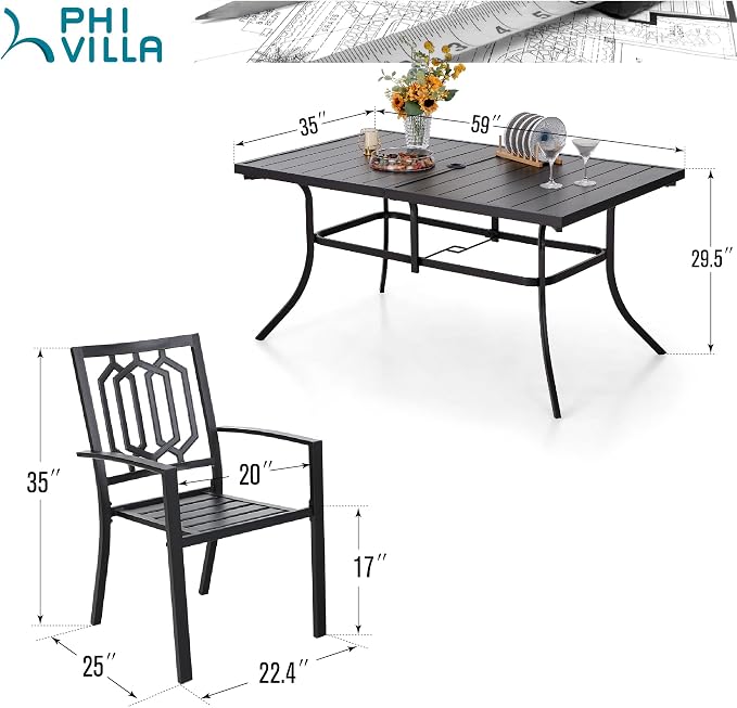 PHI VILLA 7 Pcs Patio Dining Set for 6& Rectangular Metal Table | Black Metal Table with Umbrella Hole & Stacking Wrought Iron Chairs, Outside Furniture Set for Patio, Deck, Backyard, Porch
