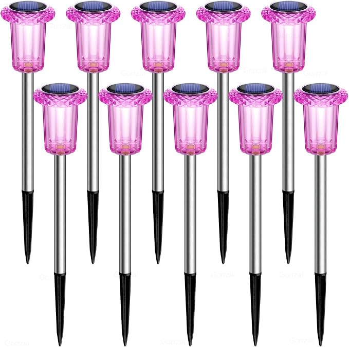 10 Pack Solar Lights Outdoor Waterproof LED Pink Pathway Lighting | Auto On/Off Stake Lights for Yard Garden Walkway Outside Driveway, Acrylic Diamond-like Lampshade, Stainless Steel Pole